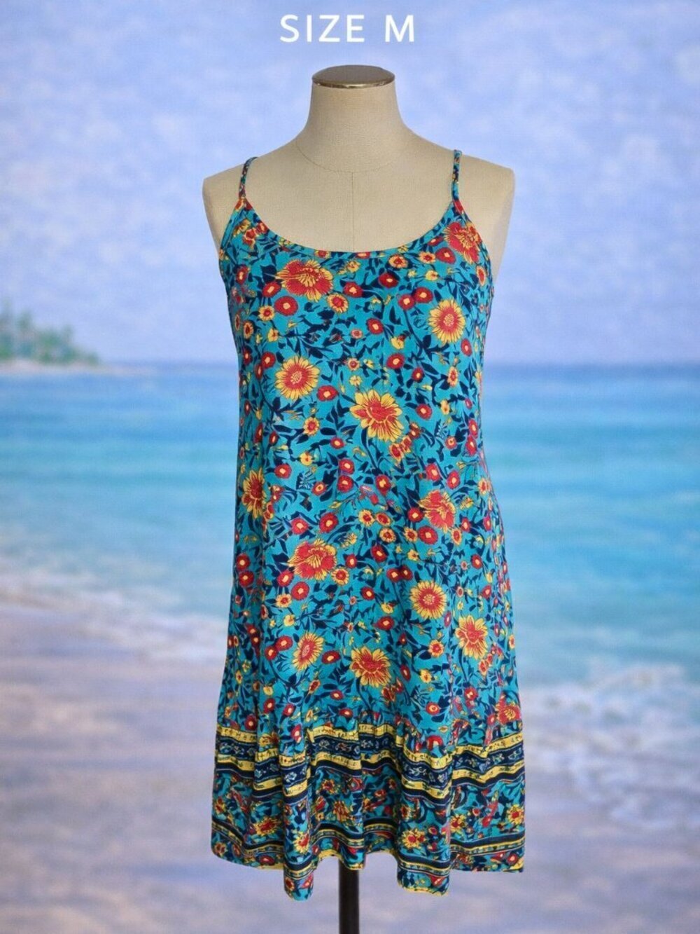 Qearal Floral Boho Sundress Spaghetti Strap Summer Dress Size S